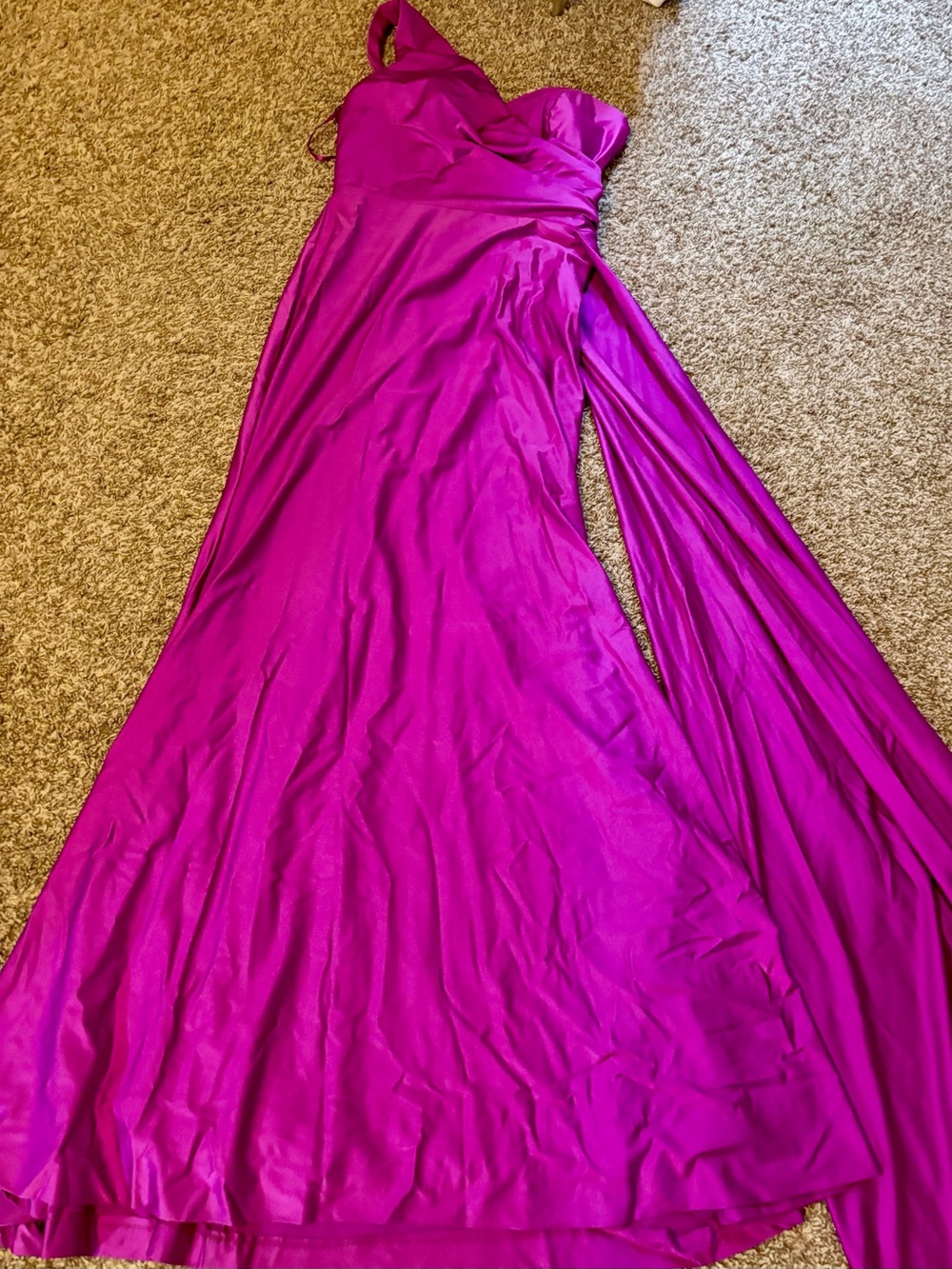Fuchsia One-Shoulder Satin Evening Gown